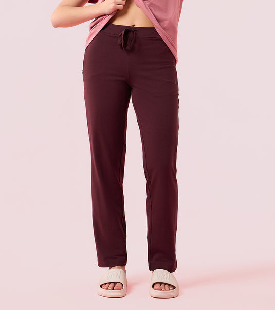 Enamor Mid Rise Regular Length Drawstring Closure Lounge Pants For Women - Slim Fit, Soft and Breathable Stretch Cotton - E014 (Choco Fudge)