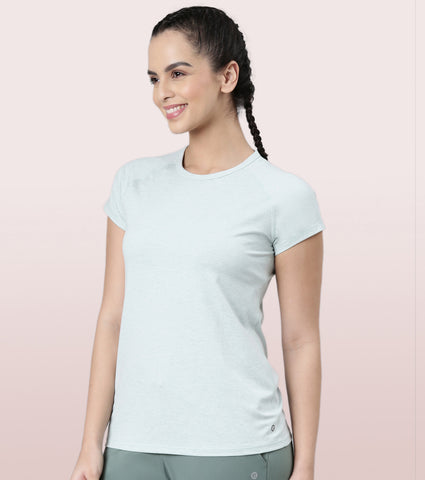 Slim Active Tee | Short Sleeve Raglan Scoop Neck Slim Active Tee With Reflective Graphic On Back | E089