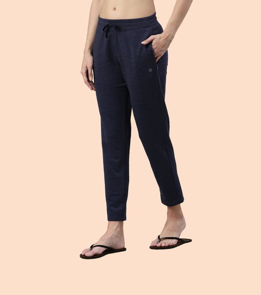 Enamor Mid Rise Ankle length Drawstring Relax Pants For Women - Slim Fit, Stretch French Terry - E060 (Navy Melange)