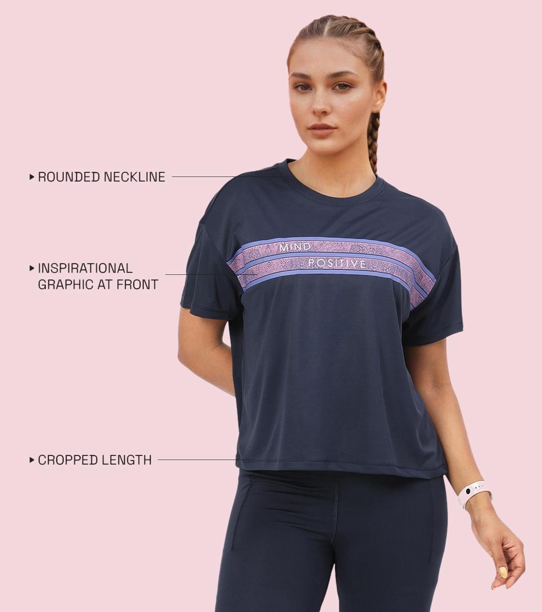 Enamor A311 Typographic Printed Drop Shoulder Sleeves Relaxed Fit Crop T-shirt - Navy-Mind Positive
