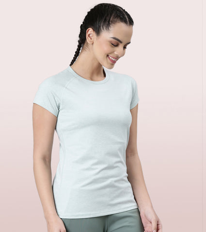 Slim Active Tee | Short Sleeve Raglan Scoop Neck Slim Active Tee With Reflective Graphic On Back | E089