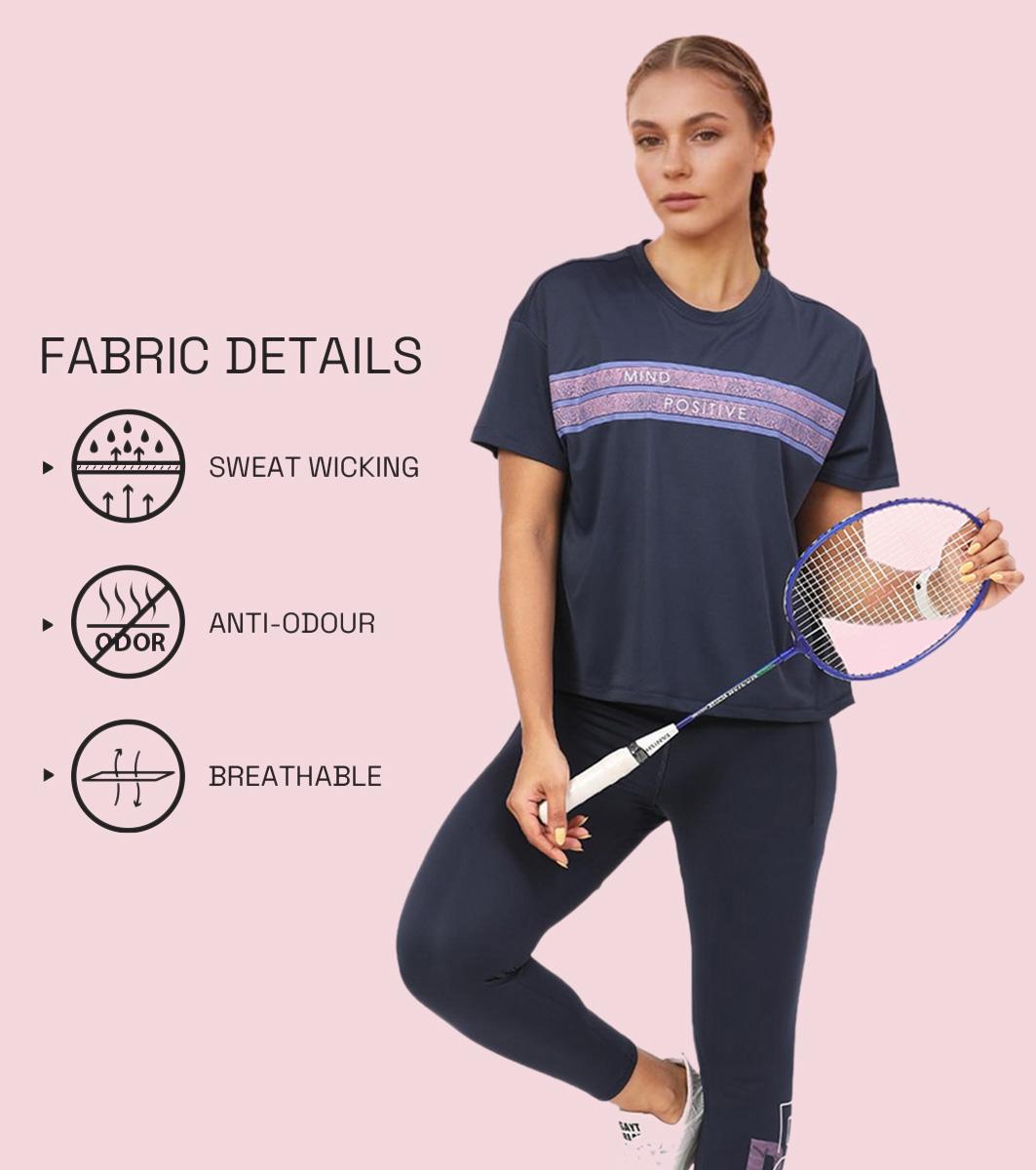 Enamor A311 Typographic Printed Drop Shoulder Sleeves Relaxed Fit Crop T-shirt - Navy-Mind Positive
