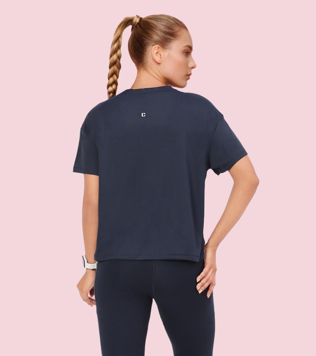 Enamor A311 Typographic Printed Drop Shoulder Sleeves Relaxed Fit Crop T-shirt - Navy-Mind Positive