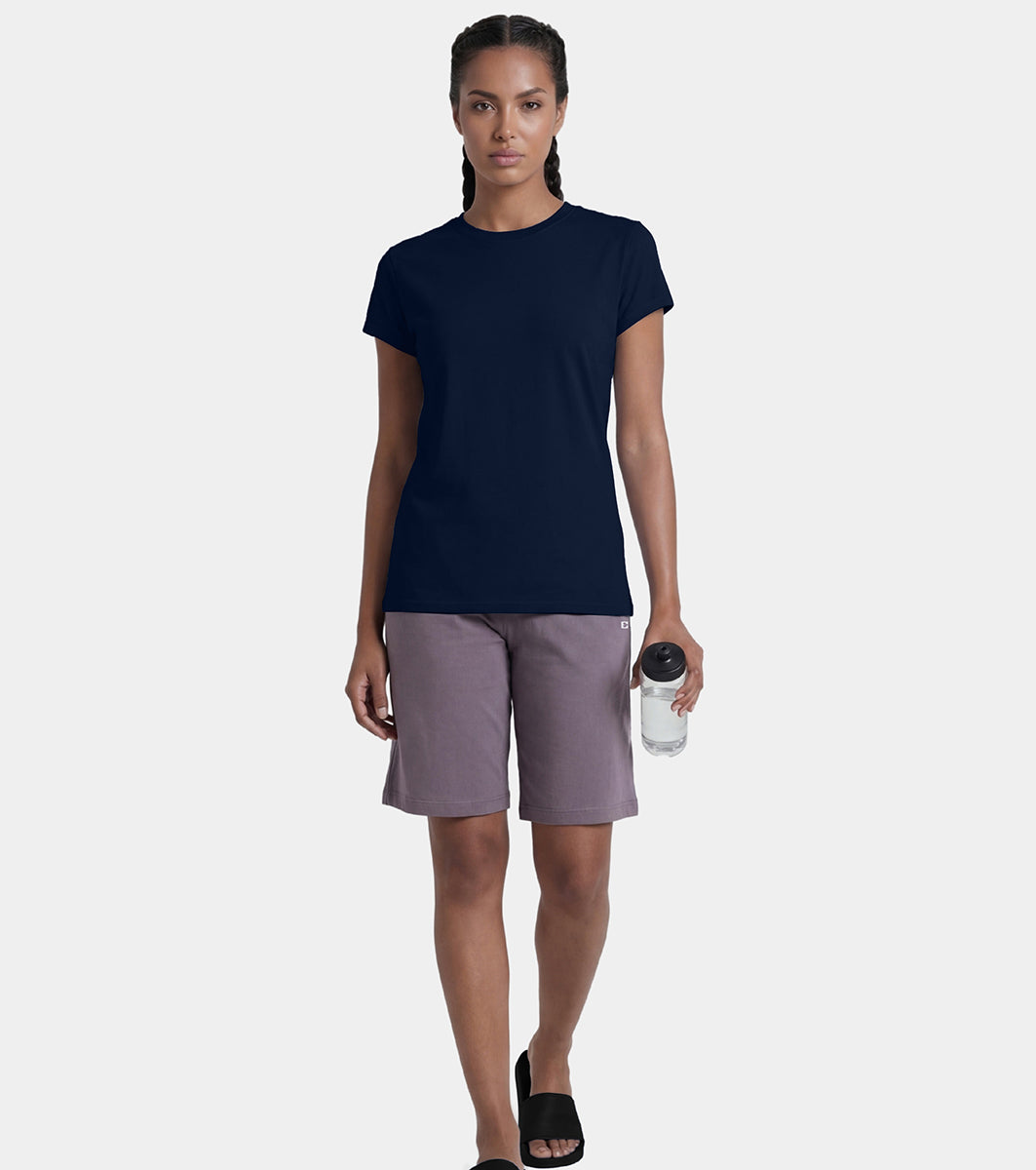 Enamor Short Sleeve Crew Neck Regular Length Basic Crew T-Shirt for Women - Slim Fit, Soft and Breathable Stretch Cotton - E047 (Navy)