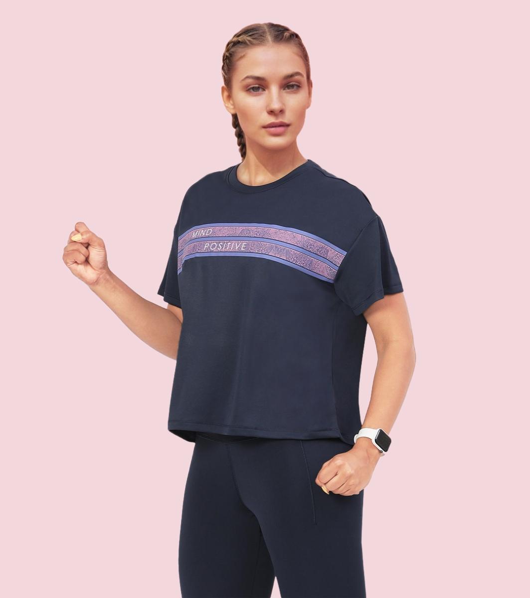 Enamor A311 Typographic Printed Drop Shoulder Sleeves Relaxed Fit Crop T-shirt - Navy-Mind Positive