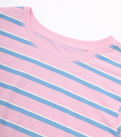 Enamor E3S5 High Low Tee Stripe - Short Sleeve Crew Neck Stretch Cotton Tee with Stylish Stripes