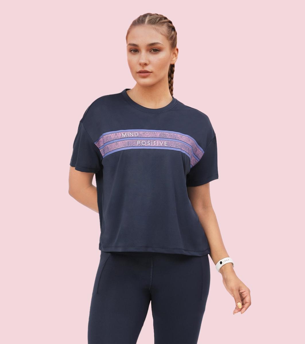 Enamor A311 Typographic Printed Drop Shoulder Sleeves Relaxed Fit Crop T-shirt - Navy-Mind Positive