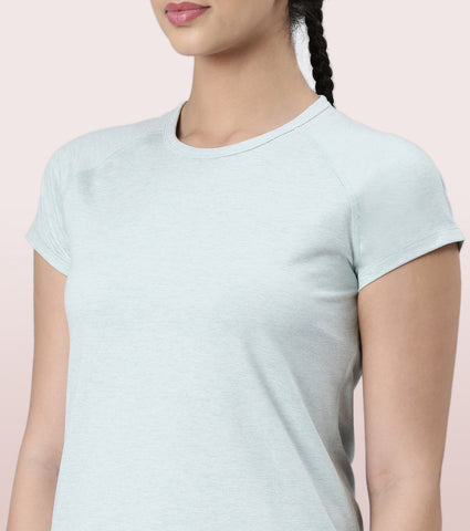 Slim Active Tee | Short Sleeve Raglan Scoop Neck Slim Active Tee With Reflective Graphic On Back | E089