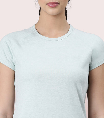 Slim Active Tee | Short Sleeve Raglan Scoop Neck Slim Active Tee With Reflective Graphic On Back | E089