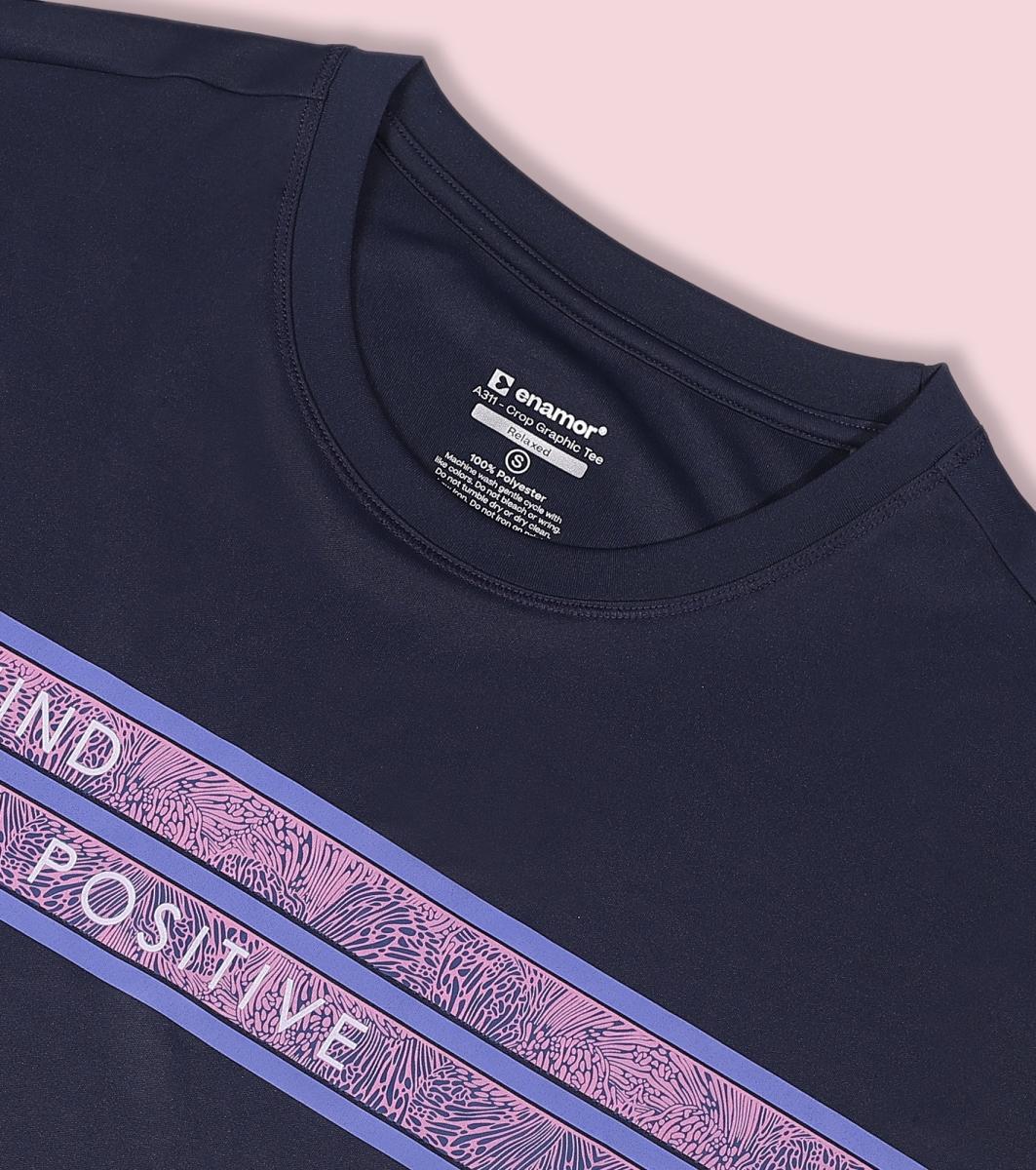 Enamor A311 Typographic Printed Drop Shoulder Sleeves Relaxed Fit Crop T-shirt - Navy-Mind Positive