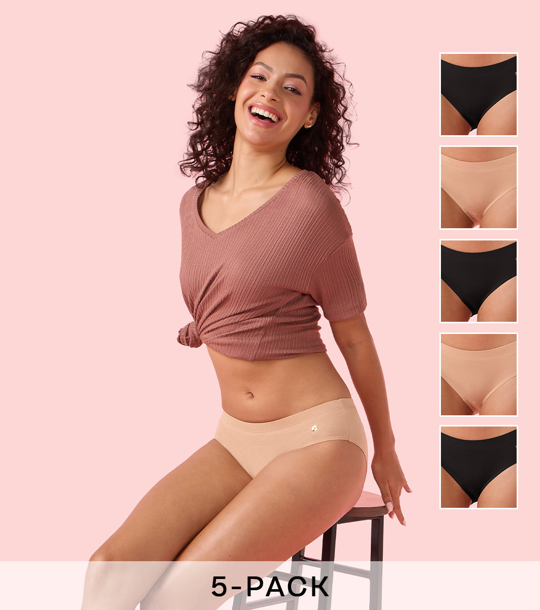 Enamor Chic Stretch Cotton, All Day Comfort, Mid Waist Hipster Panty for Women - Inner Elastic, Full Coverage - CR17 Pack of 5 (Jet Black / Nude)