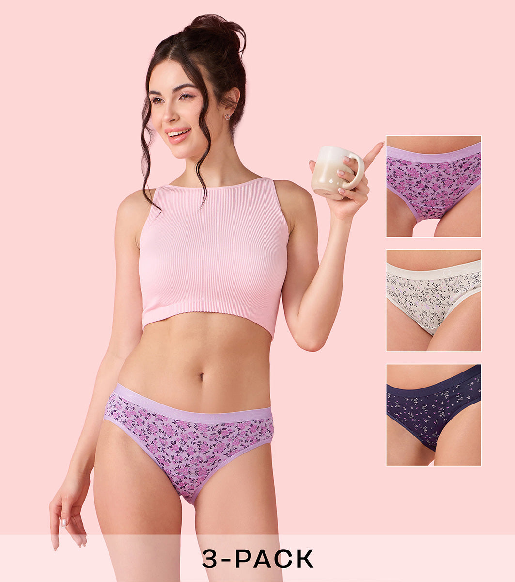 Enamor Chic Cotton, Naturally Breathable Cotton, All Day Comfort, Low Waist Brief Panty for Women -  Antimicrobial with Stain Release, Soft Outer jacquard Elastic, Regular Coverage - CB07 Pack of 3 (Multicolorprint)