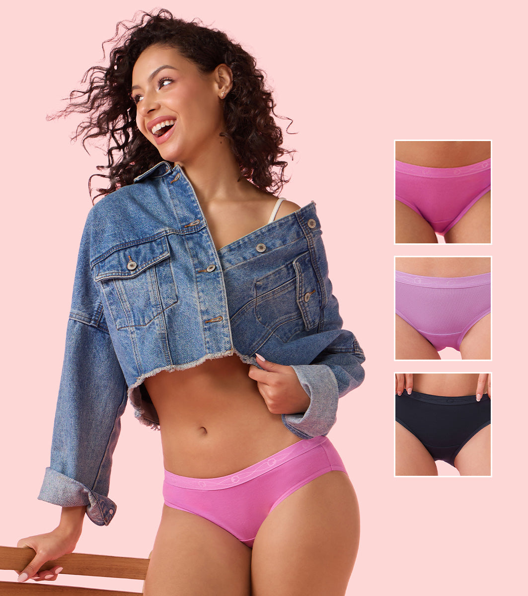 Enamor Chic Cotton, Naturally Breathable Cotton, All Day Comfort, Low Waist Brief Panty for Women -  Antimicrobial with Stain Release, Soft Outer jacquard Elastic, Regular Coverage - CB07 Pack of 3 (Multicolorsolid)