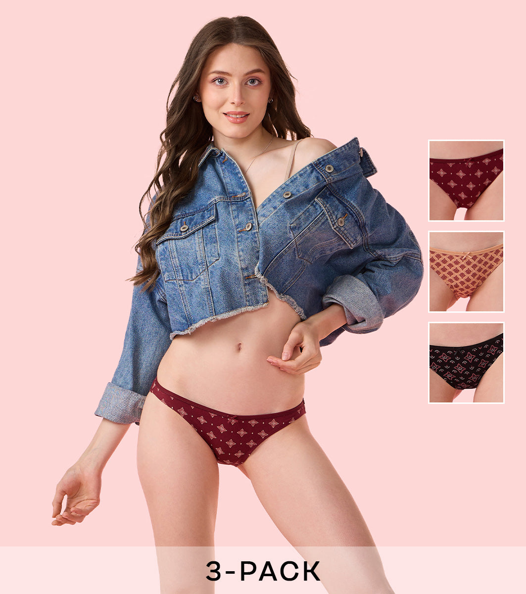 Enamor Chic Stretch Cotton, Naturally Breathable Cotton, All Day Comfort, Low Waist Brief Panty for Women - Regular Coverage - CB17 Pack of 3 (Multicolorprint)