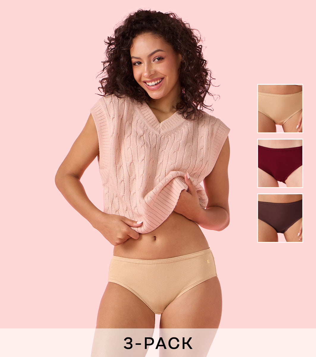 Enamor Chic Cotton, All Day Comfort, Mid Waist Hipster Panty for Women - Inner Elastic, Full Coverage - CH09 Pack of 3 (Multicolorsolid)