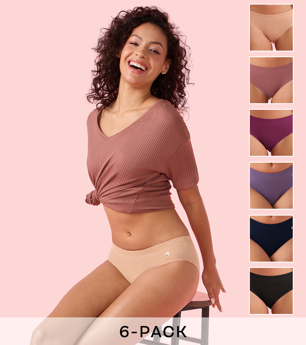 Enamor Chic Stretch Cotton, All Day Comfort, Mid Waist Hipster Panty for Women - Inner Elastic, Full Coverage - CR17 Pack of 6 (Multicolordark)
