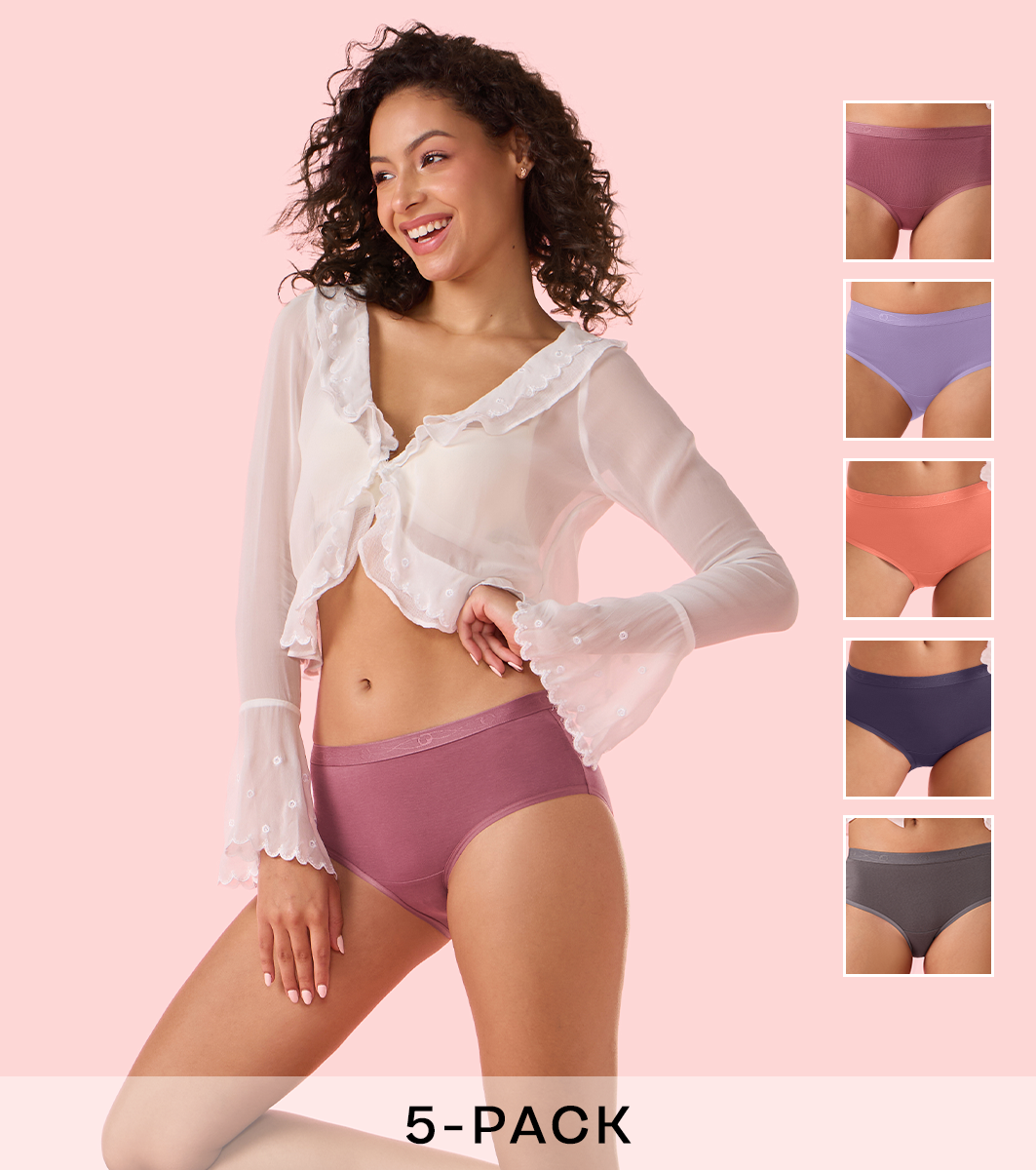 Enamor Chic Cotton, Naturally Breathable Cotton, All Day Comfort, Mid Waist Brief Panty for Women - Full Coverage - CH07 Pack of 5 (Multicolorsolid)