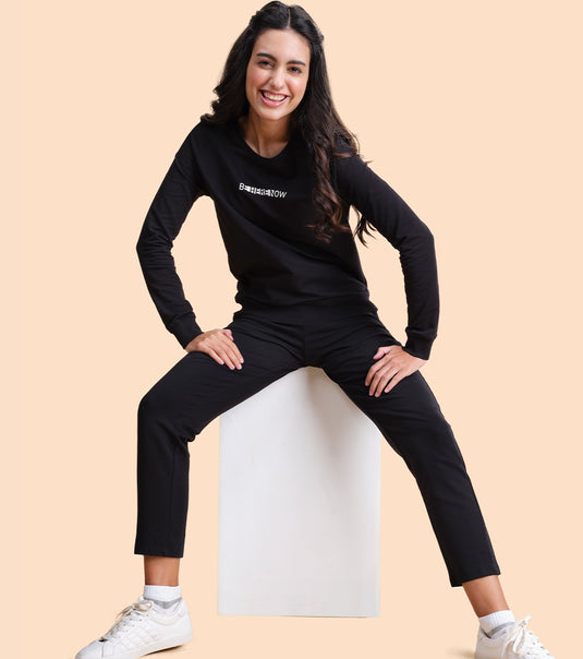Enamor Full Sleeve Round Neck Regular Length Slip On Sweatshirt  For Women - Graphic Print, Relaxed Fit - E079 (Jet Blk/Be Here Now)