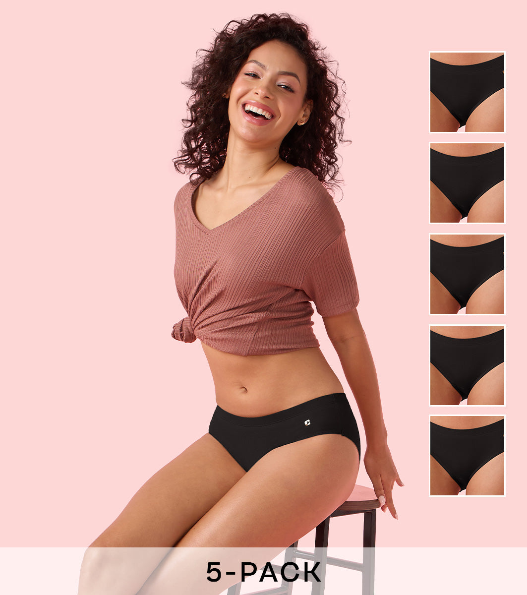 Enamor Chic Stretch Cotton, All Day Comfort, Mid Waist Hipster Panty for Women - Inner Elastic, Full Coverage - CR17 Pack of 5  (Jet Black)