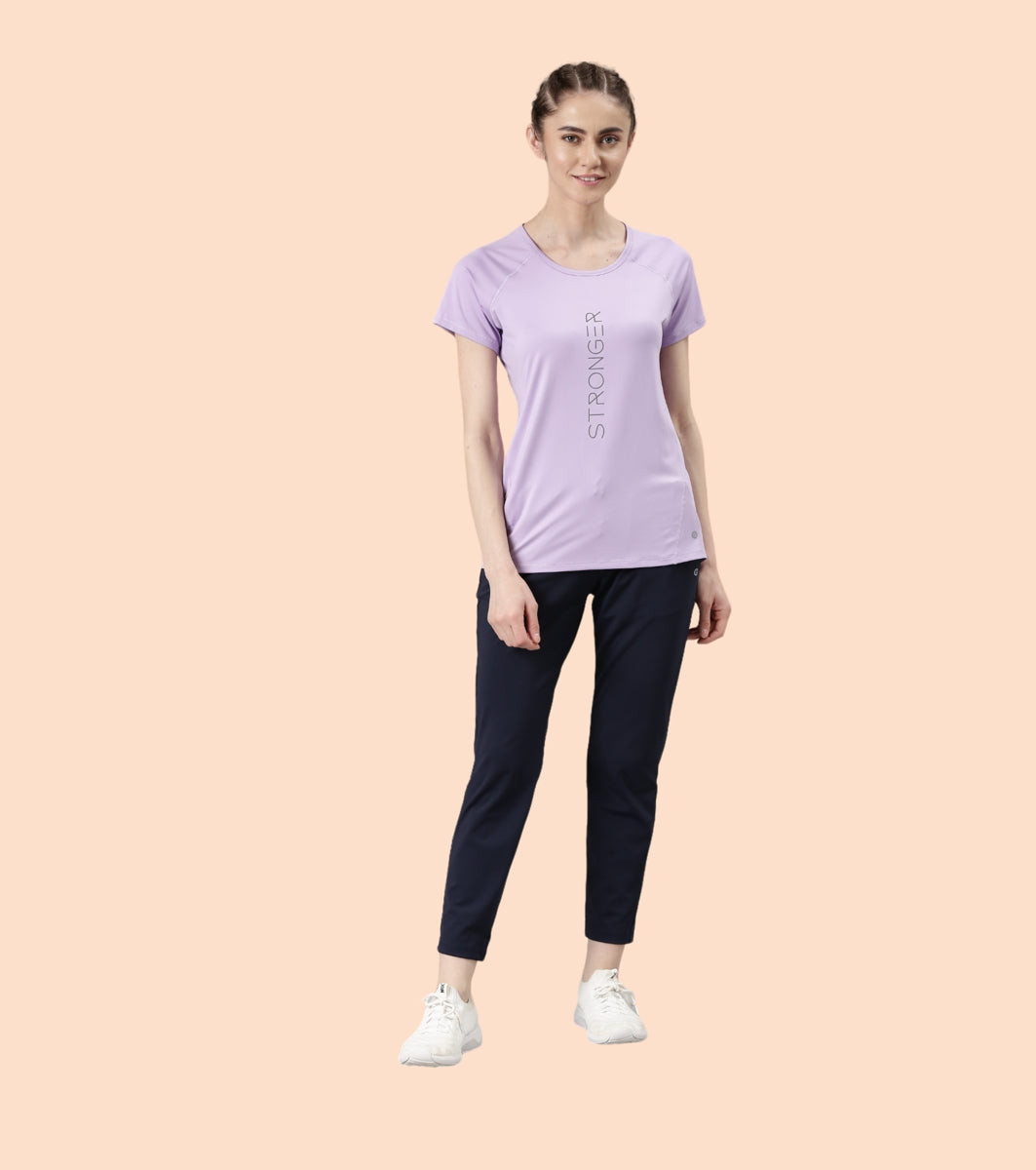Enamor Active Dry Fit Graphic Tee For Women | Basic T-Shirt With Raglan Sleeve & Scoop Neck Design | Mauve Love - Fearless Graphic