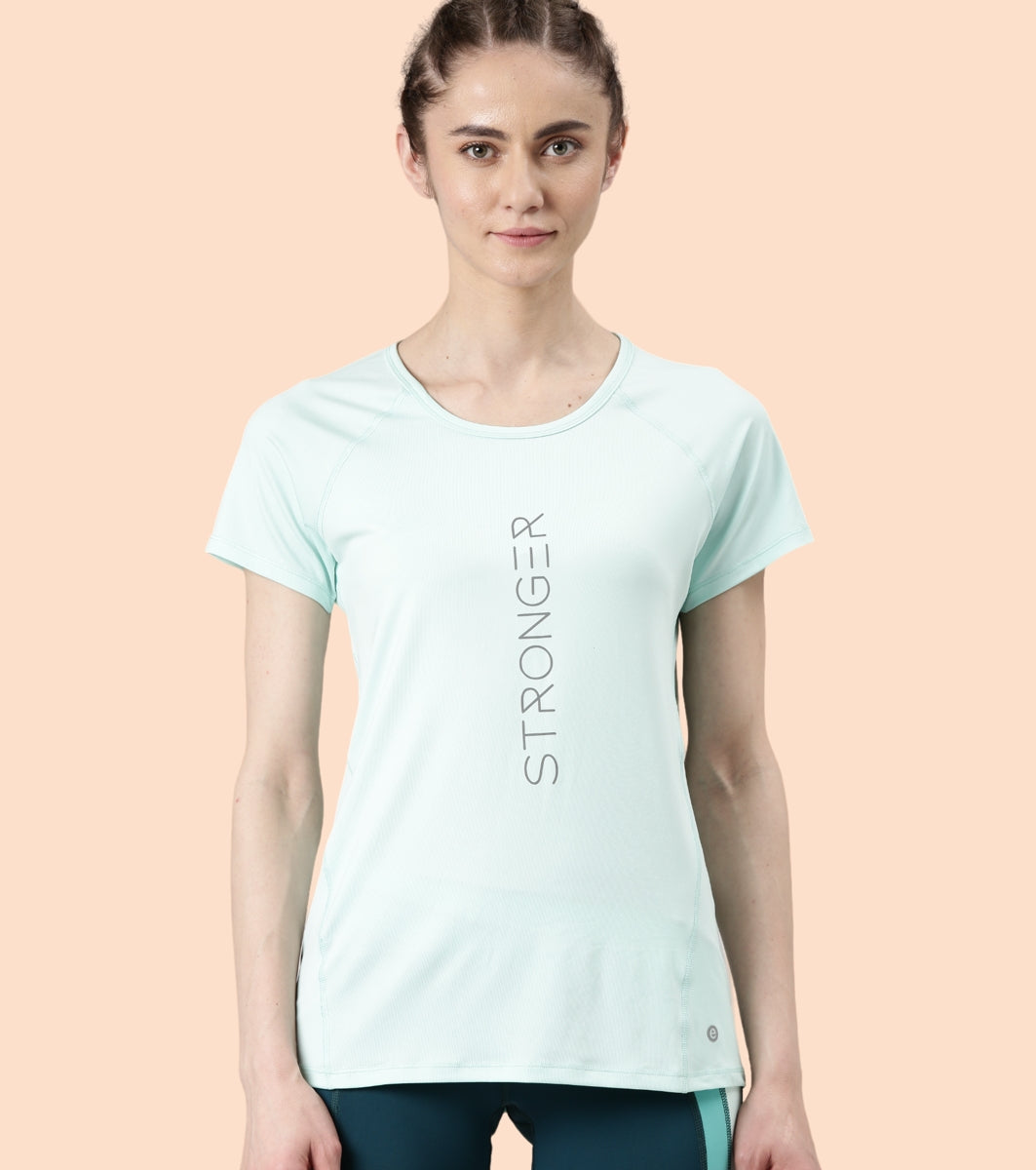 Enamor Active Dry Fit Graphic Tee For Women | Basic T-Shirt With Raglan Sleeve & Scoop Neck Design | Mauve Love - Fearless Graphic