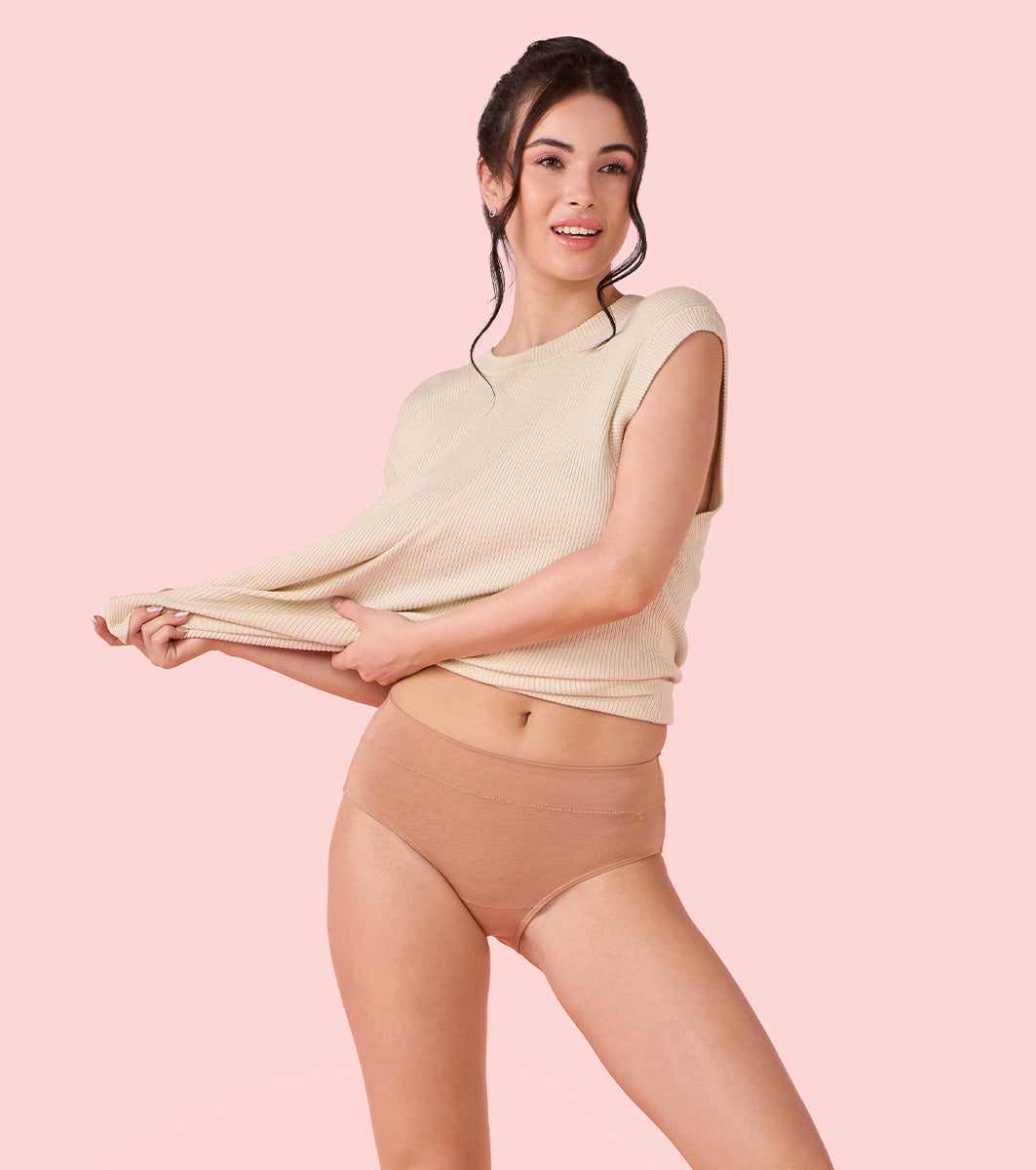 Enamor Innovations Bamboo Bliss, Anti Rash, All Day Comfort, Mid Waist Brief Panty for Women - Super Soft, Naturally Absorbent, Antimicrobial with Stain release, Inner Elastic, Full Coverage- IP01 (Honey Beige)