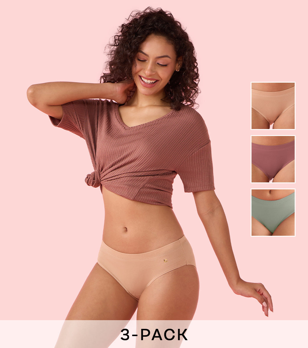 Enamor Chic Stretch Cotton, All Day Comfort, Mid Waist Hipster Panty for Women - Inner Elastic, Full Coverage - CR17 Pack of 3 (Multicolordark)