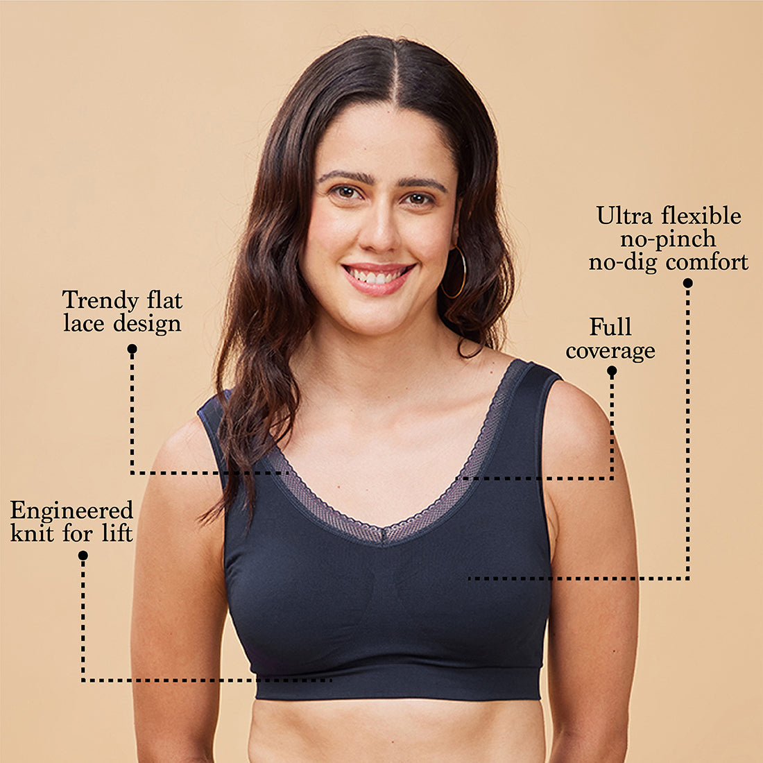 Enamor Flexi Free F137 Plunge Comfort Bralette Bra for Women - Non Padded, Wirefree and High Coverage