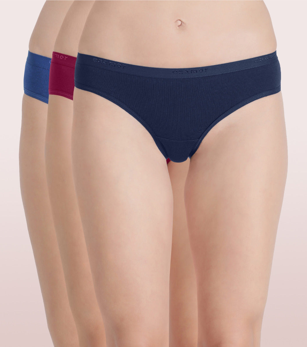 Enamor CR01-The Branded Stretch C Bikini Panty| Antimicrobial And Stain Release Finish| Cotton Spandex- Pack of 3 (Multicolordark)