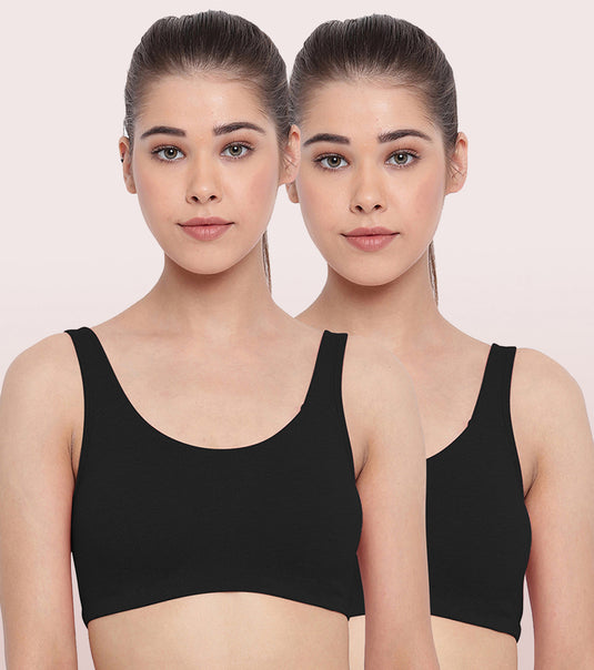 Enamor Low Impact Women's Cotton Everyday Sports Bra - All Day Comfort, Non Padded, Wirefree, High Coverage - SB06 (Black /Black)-Pack of 2