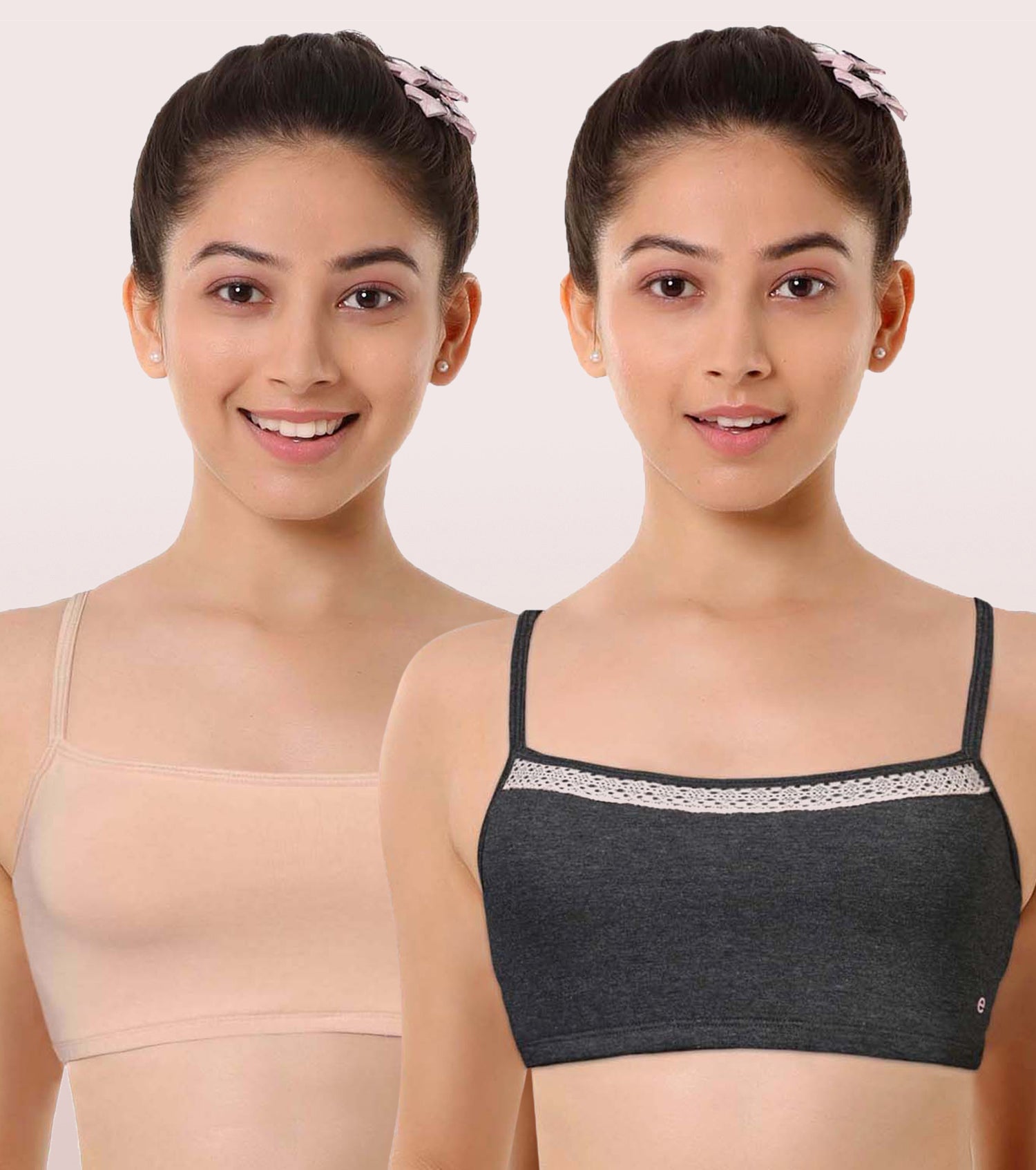 Slim Strap Easy Fit Stretch Cotton Beginners Bra With Lace-Pack of 2