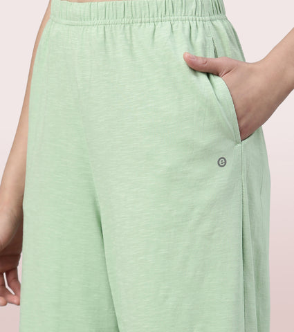 Enamor High Rise Basic Culottes For Women | Breathable Cotton Slub Jersey Culottes | Fern Green