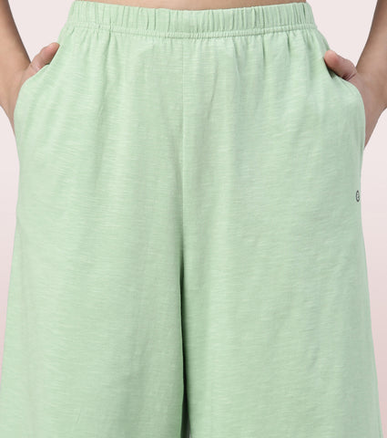 Enamor High Rise Basic Culottes For Women | Breathable Cotton Slub Jersey Culottes | Fern Green