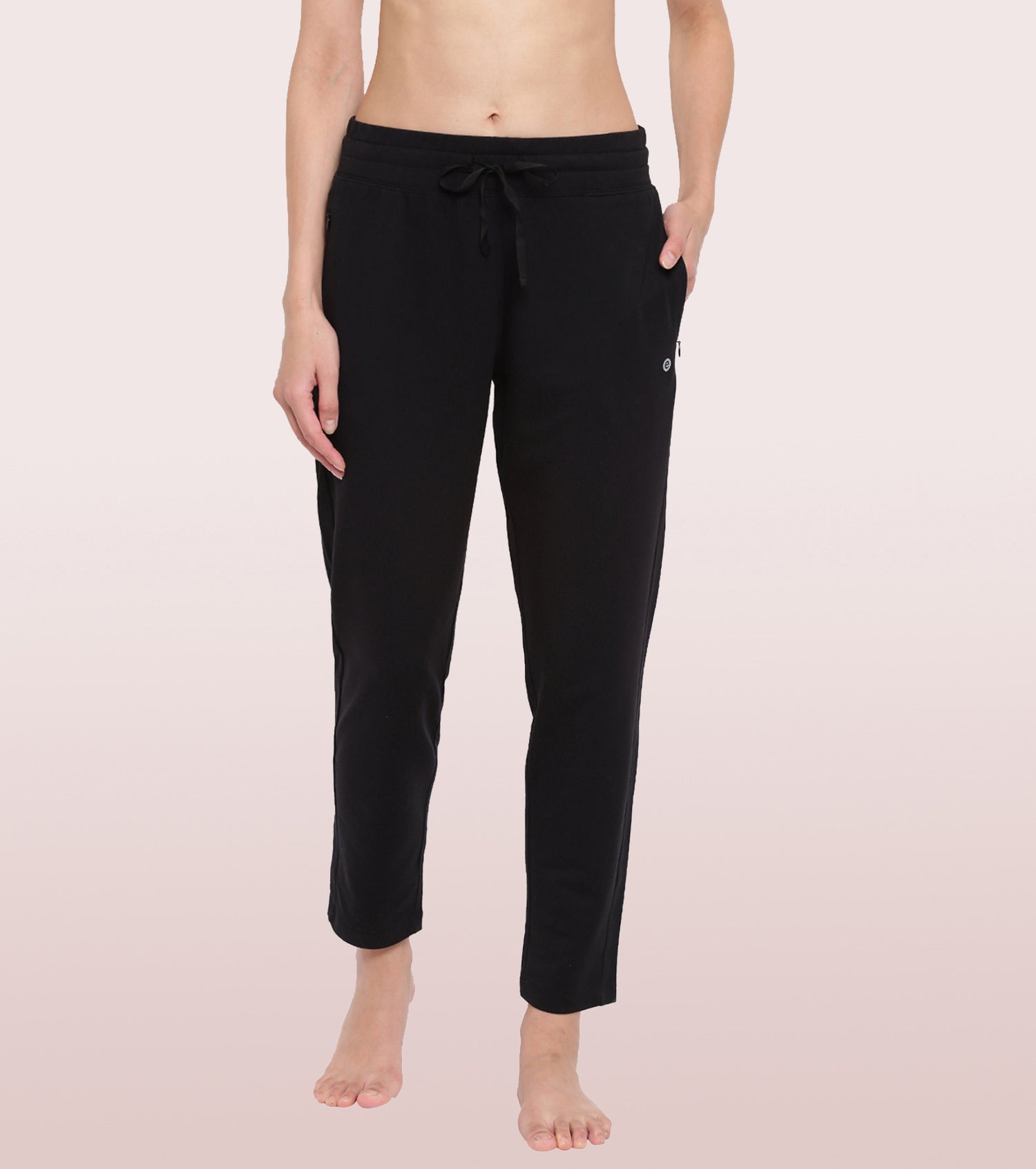 Enamor Mid Rise Ankle length Drawstring Relax Pants For Women - Slim Fit, Stretch French Terry - E060 (Jet Black)