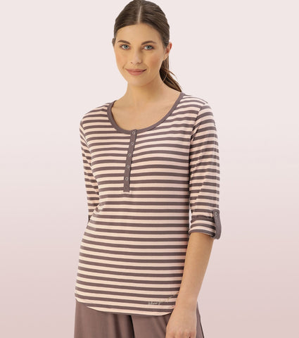 All Day Henley T – Striped | 3/4th Sleeve Stretch Cotton Tee With Ring Snap Button Placket Front & Sleeve Tab