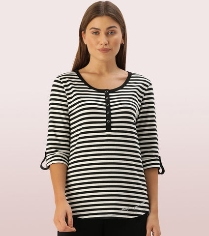 All Day Henley T – Striped | 3/4th Sleeve Stretch Cotton Tee With Ring Snap Button Placket Front & Sleeve Tab