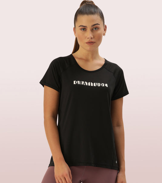 Enamor Short Sleeve Scoop Neck Hip Length Pull On Basic Active T-Shirt For Women - Relaxed Fit, Quick Dry, Antimicrobial - E163 (Jetblack W/Gratitude)