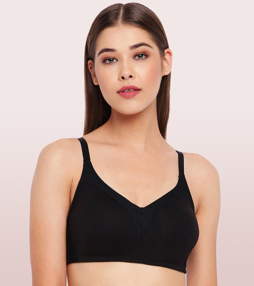 Enamor Fab-Cool AB75 M-frame Jiggle Control Full Support Stretch Cotton Bra for Women- Full Coverage, Non Padded and Wirefree - Black