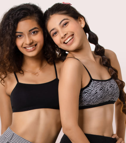Trendy Fit Stretch Cotton Beginners Bra With Antimicrobial Finish - Pack of  2 - BLACK-ZEE STRIPES PRINT / XXS