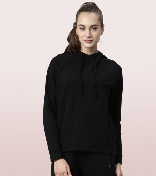 Enamor Full Sleeve Hooded Regular Length Cotton Sweatshirt For Women - Relaxed Fit, Slip on - A902 (Jet Black)