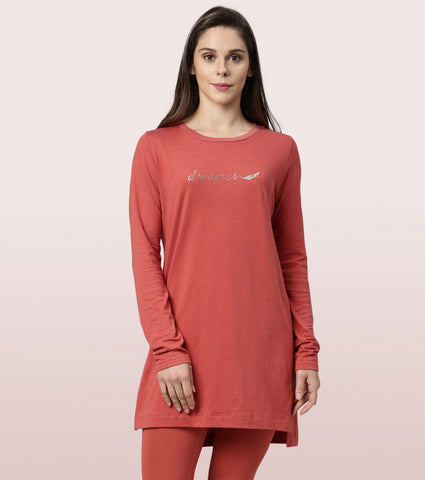 Tunic Tee – Solid | Long Sleeve Tunic Tee With Side Slit & Mindful Graphic