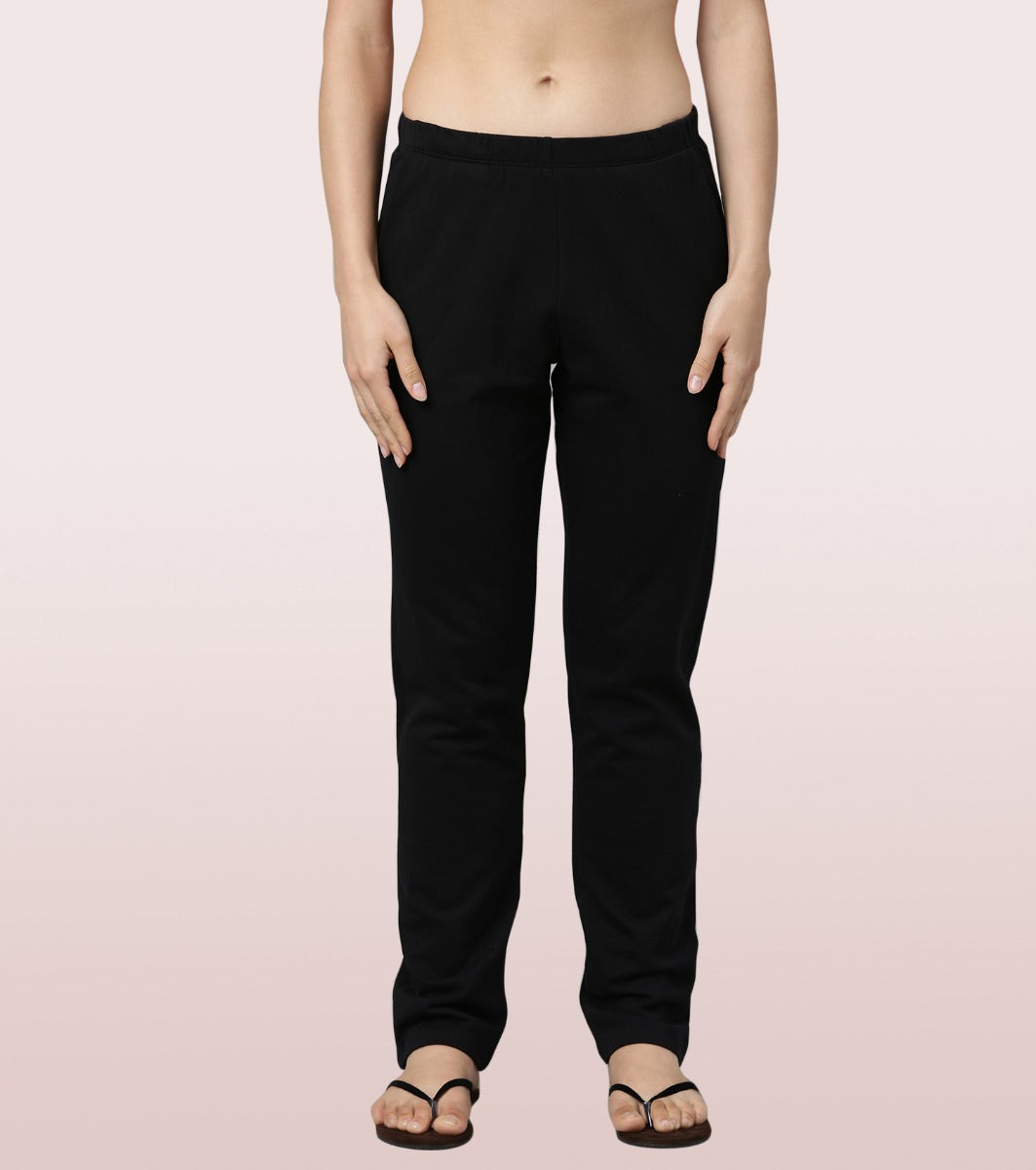 Enamor Mid Rise Regular Length Drawstring Closure Cotton Comfy Lounge Pant For Women - Relaxed Fit - E401 (Jet Black)