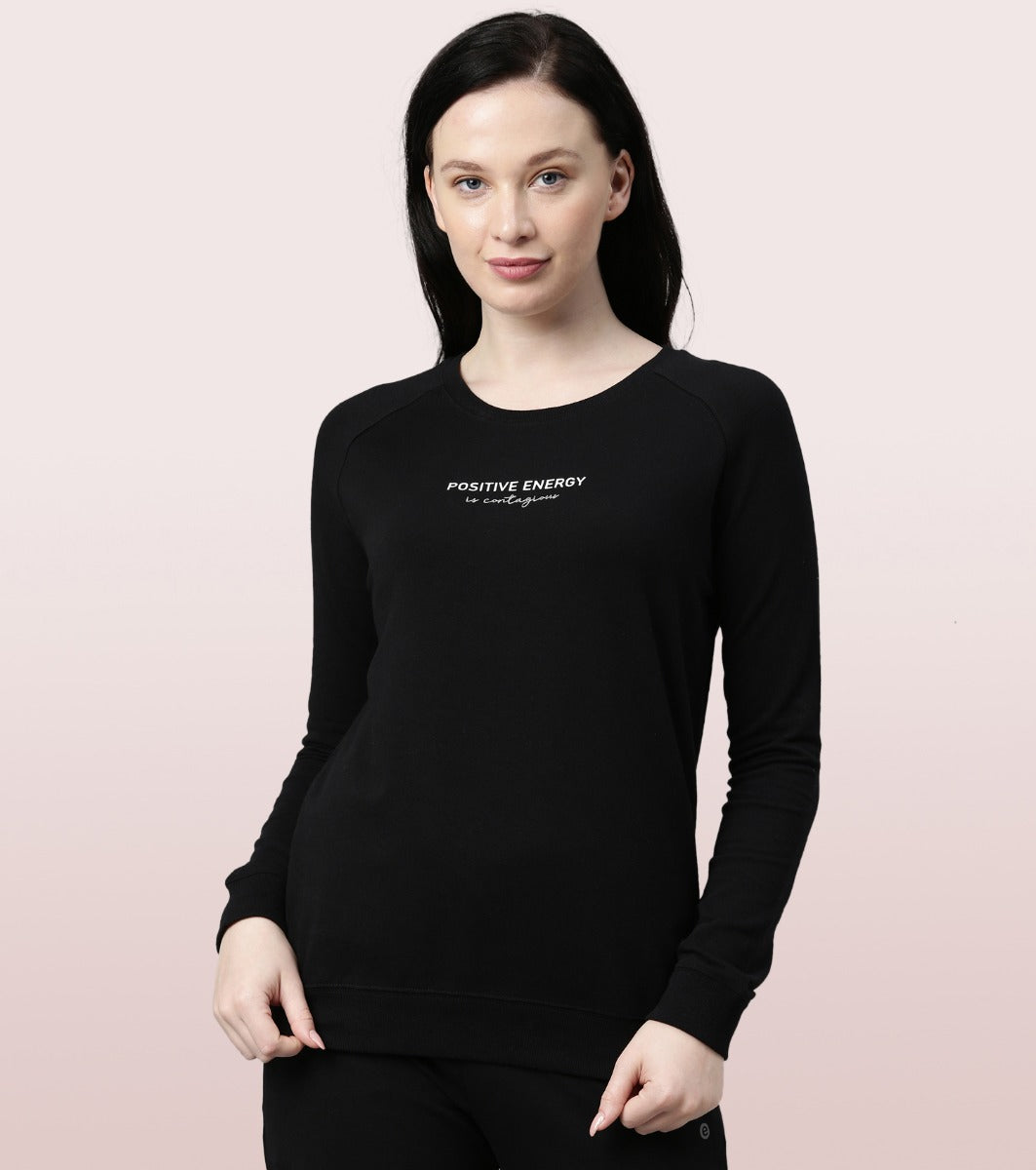 Enamor Full Sleeve Round Neck Regular Length Slip On Sweatshirt  For Women - Graphic Print, Relaxed Fit - E079 (Jet Black W/Positive)