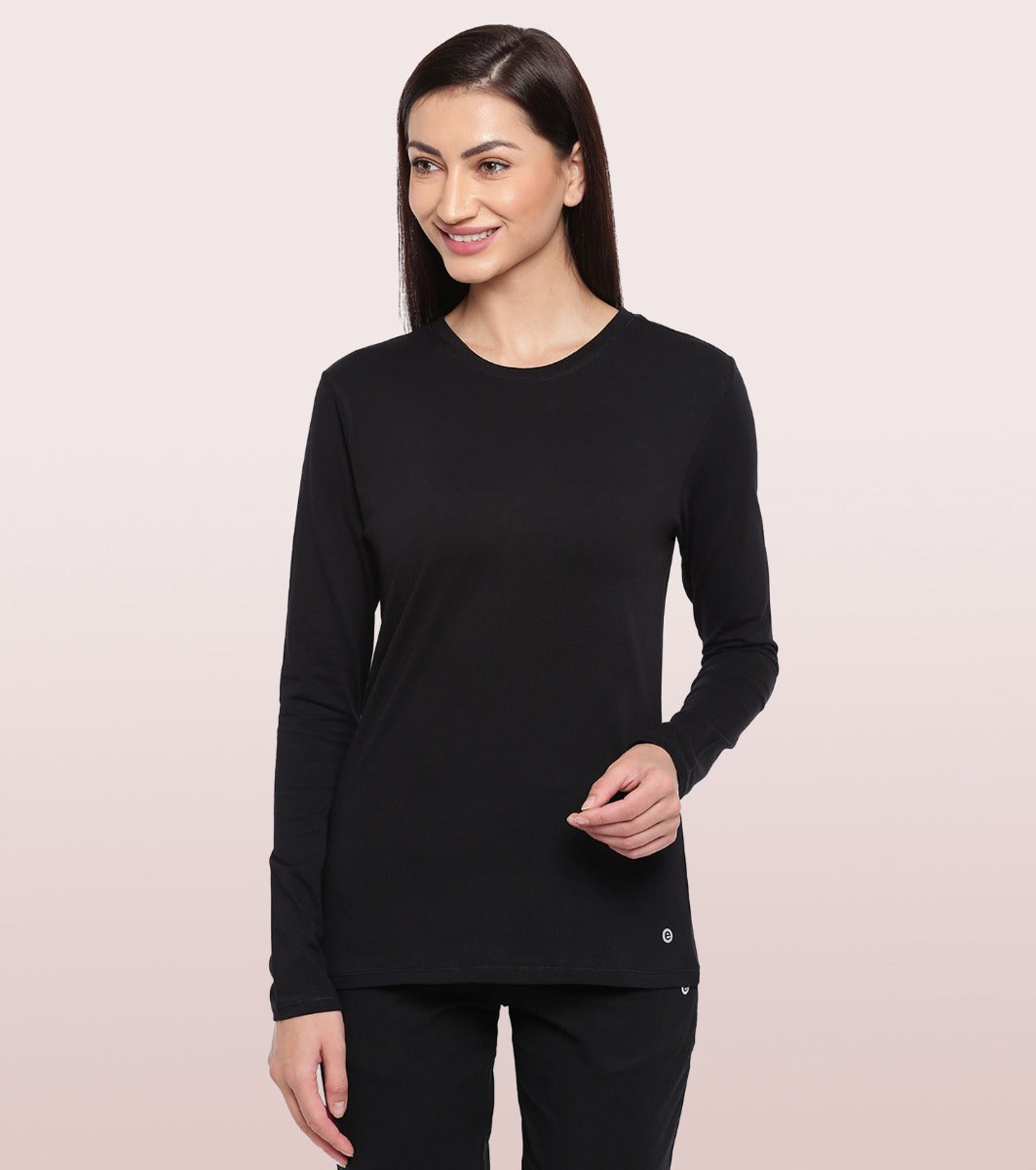 Enamor Full Sleeve Crew Neck Regular Length Basic Crew T-Shirt For Women - Slim Fit, Soft and Breathable Stretch Cotton - E057 (Jet Black)