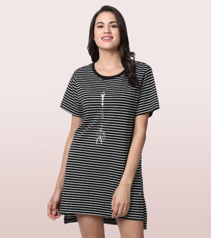 Tunic Tee - Striped | Short Sleeve Tunic Tee With Side Slit & Mindful Graphic