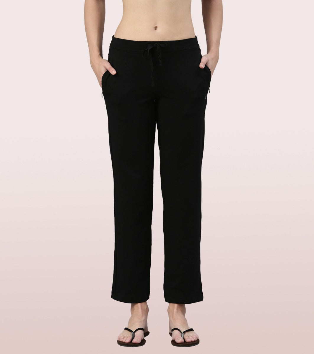 Enamor Mid Rise Regular Length Drawstring Closure Lounge Pants For Women - Slim Fit, Soft and Breathable Stretch Cotton - E014 (Jet Black)
