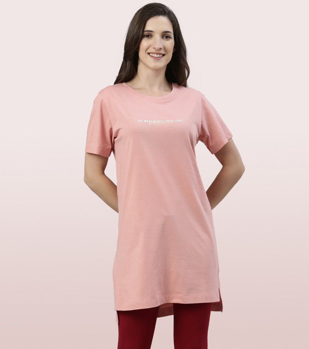 Tunic Tee – Solid | Short Sleeve Tunic Tee With Side Slit & Mindful Graphic