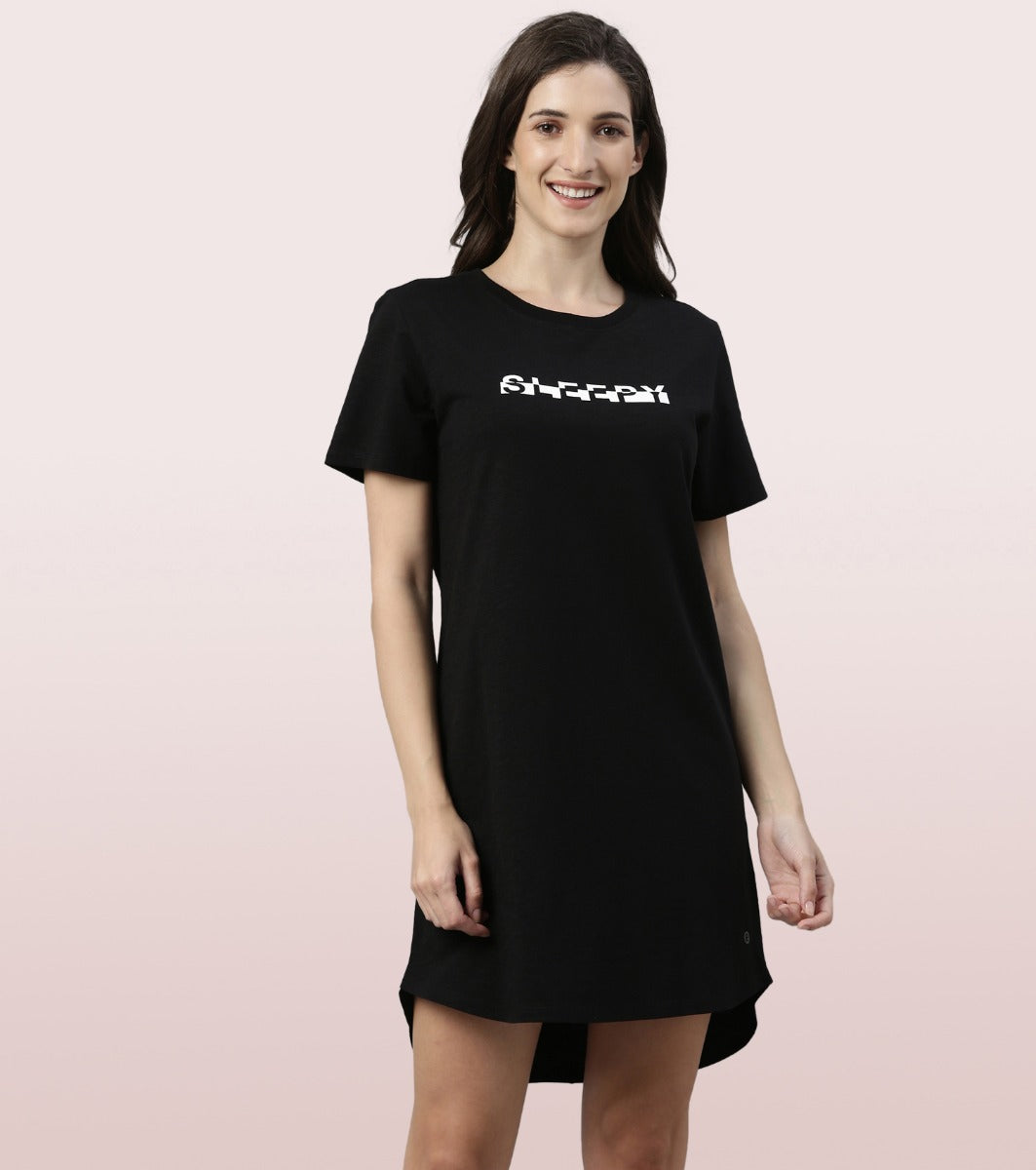 Basic Dress | Cotton Slounge Mini Dress With Chest Graphic