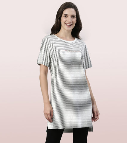 Tunic Tee – Stripes | Short Sleeve Tunic Tee With Side Slit & Mindful Graphic