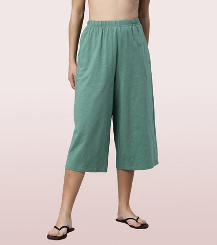 Enamor High Rise Basic Culottes For Women | Breathable Cotton Slub Jersey Culottes | Fern Green